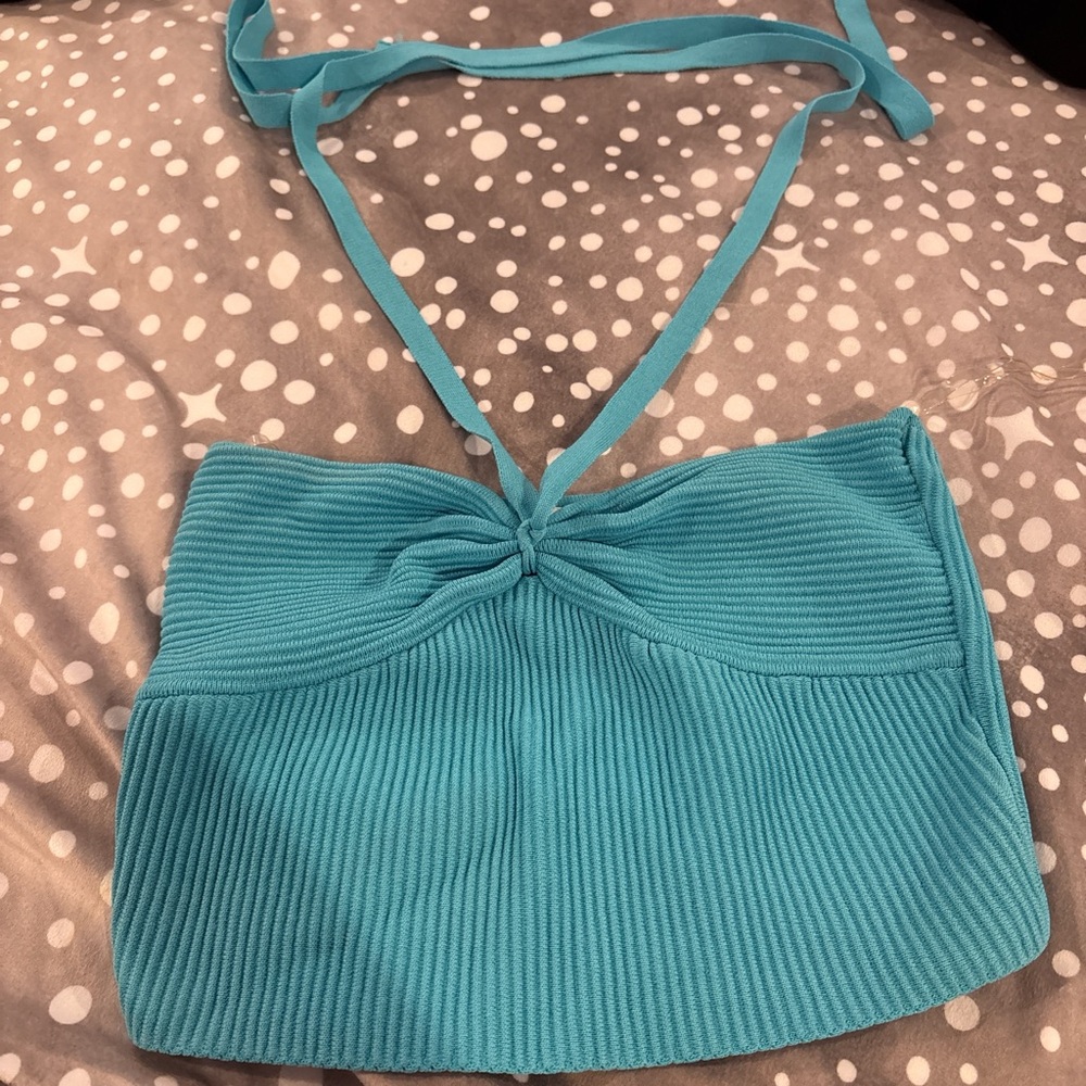 Blue Ribbed Knit Halter Crop Top